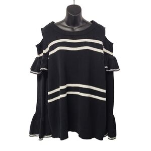 CATO Womens Black White Stripe Sweater Cold Shoulders Ruffle Sleeves Size 22/24W